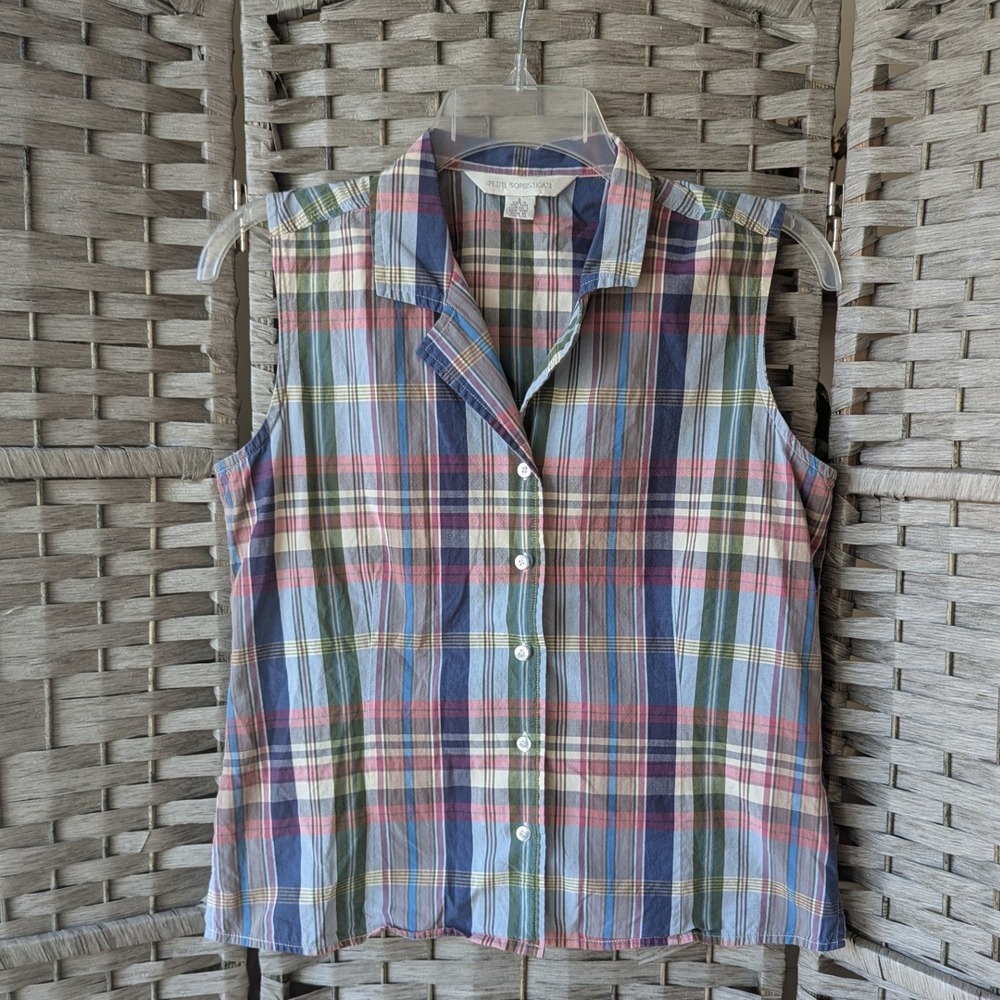 Vtg Sleeveless Top Blue Pink Plaid Cotton Button Up Shirt Sz 8 Classic Preppy